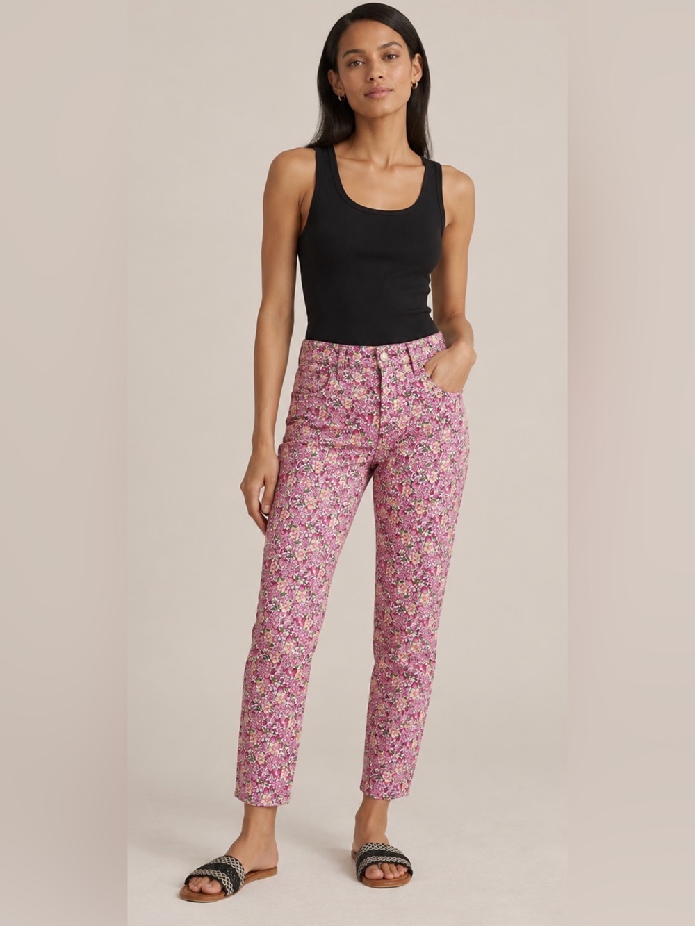 Lauren Ralph Lauren White Pink Floral Print Ankle Pants Size 14 Cottage Coastal